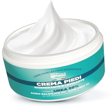 Reposa - Crème Pieds Très Secs et Abîmés 50% Urée, Creme Pied Régénérante et Lissante avec Acide Salicylique et Aloe Vera - Soin des Pieds pour Talons et Peaux Déshydratées - 150 ml