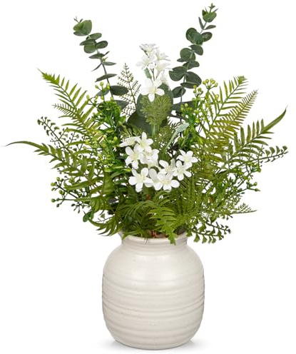 Briful 15.4 Fake Plants with Ceramic Vase - White Artificial Flowers Faux Eucalyptus Fern Stems in Vase - Decorative Artificial Plants for Centerpieces, Living Room, Shelf Decor