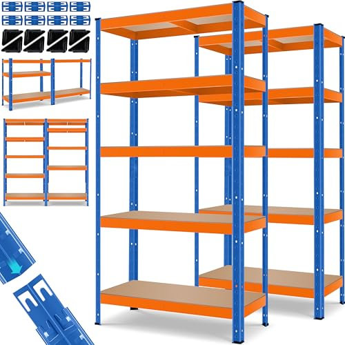 MASKO® 2er-Set Lagerregal Schwerlastregal, Kellerregal, 160x90x40cm bis 700kg belastbar, 4 verstellbare Ablagen, MDF-Platten Regal aus Metall, Steckregal, Werkstattregal, Keller, Garage Orange-Blau