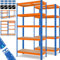 MASKO® 2er-Set Lagerregal Schwerlastregal, Kellerregal, 160x90x40cm bis 700kg belastbar, 4 verstellbare Ablagen, MDF-Platten Regal aus Metall, Steckregal, Werkstattregal, Keller, Garage Orange-Blau