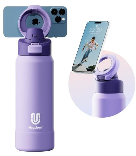 Magcheer Trinkflasche mit Magsafe 1L Wasserflasche mit Handyhalterung Magnet Flasche Hält 24 Stunden kalt Akuumisolierte Auslaufsichere Water Bottle für Sport Fitness(Lila)