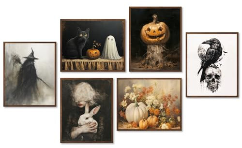 Dazzlewall 6 Stück Vintage Halloween Deko Poster, Gothic Bilder, Kürbis Geister Hexe Wandkunstdrucke, Gruselig Dark Academia Poster für Schlafsaal Schlafzimmer 20x25 cm Ohne Rahmen