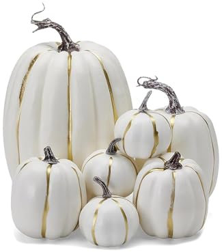 Nuova zucca di Halloween, 7 pezzi di decorazione di zucca artificiale, decorazione di zucca da esterno, zucche di schiuma grandi, set di decorazioni di zucca (oro bianco)