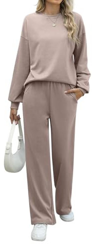 REORIA Women Cotton Lounge Wear Sets Crew Neck Tracksuit Set Two Piece Outfit Long Sleeve Top and Wide Leg Pants Co Ord Sets Khaki L