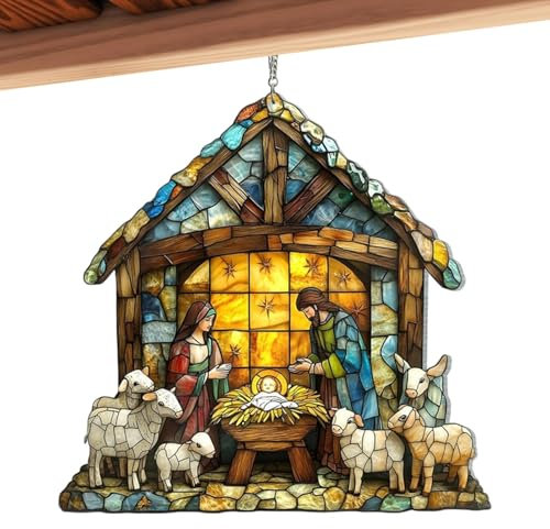 Jubepk Krippen-Sonnenfänger, Acryl, bunt, Weihnachtskrippe, Fensterdekoration, dekorativer Acryl-Weihnachts-Sonnenfänger, handbemalt, gebeizter Lichtfänger für Zuhause