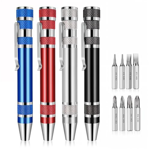 4 Pcs 8 in 1 Multitool Pen Screwdriver, Four Colors Compact Mini Screwdriver Handy Magnetic Screwdrivers Set Crossing Flathead Screwdrivers for Repairing Installing Hand Tool