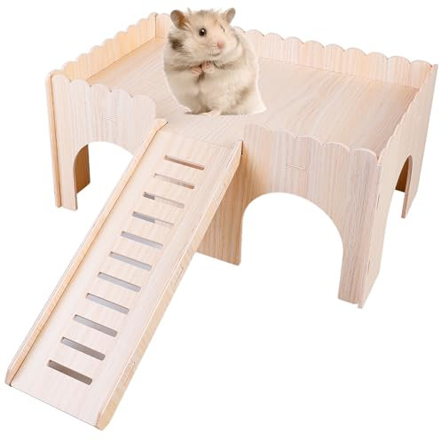Asfrode Meerschweinchen Haus mit Rampe 4 Eingänge, 38 x 25 x 18 cm Groß Hamster Haus Holz Spielzeug Meerschweinchen Zubehoer Kaninchenhaus