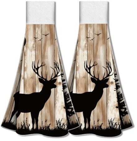 WADORN Forest Deer Küchenhandtuch Zum Aufhängen 2er Set, Handtuch Mit Tiermotiv Im Vintage Stil Mit Schlaufe Und Haken Saugfähig Zum Aufhängen Geschirrtuch Waschlappen Für Küche, 31.5x34.5cm