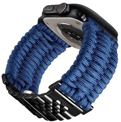 BINLUN Kompatibel mit Apple Watch Armband 46mm 45mm 44mm 42mm Geflochten 550 Paracord Stahl Sport Armbänder Kompatibel mit iWatch Series 10/9/8/7/SE2/SE/6/5/4/3/2/1 Herren Damen(Dunkelblau-Schwarz)