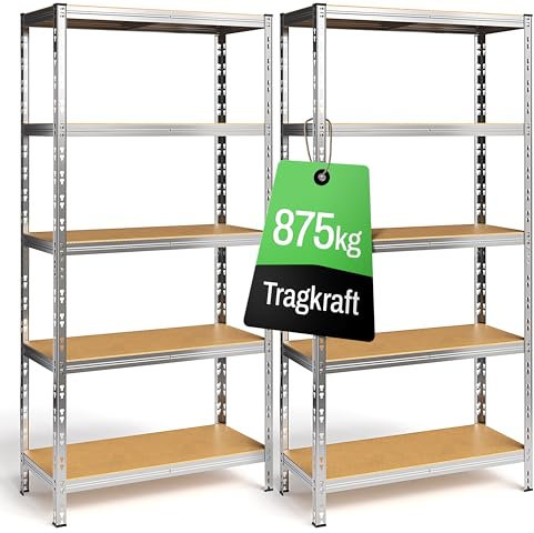 Ondis24 2er Set Metallregal Thomas, Lagerregal 90x40x180 (H) cm, Kellerregal bis 875kg belastbar, Silber, mit 5 Fachböden, je 175 kg belastbar, höhenverstellbar, Schwerlastregal (Easy-Mount)