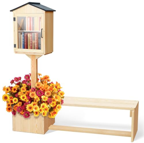 Wonderjune 3-in-1 Little Library Box Outdoor with Bench & Planter, Wood | DIY Paintable, Weatherproof Little Library, Wood Box with Ground Stakes Kit for Neighborhood Yard Garden Community School