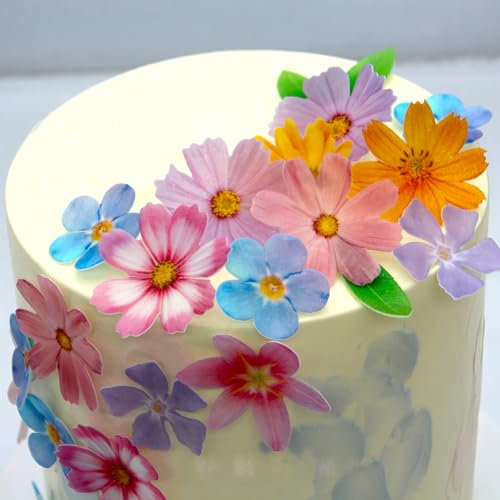 Set of 60 Edible Flowers & Leaves Cupcake Toppers Wedding Cake Party Food Decoration Mixed Size & Colour for Anniversary