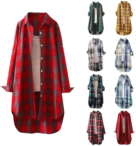 Angxiwan Women's Linen Tops Blouses Sale Plaid Shirts for Women UK Plus Size Button Long Sleeve Summer Cardigan Casual Loose Fit Flowy Hem Tunic Tops Elegant Collar Peplum