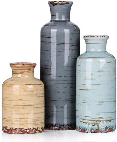 Keramikvasen Set 3er – Kleine Blumenvasen, Moderne Boho & Farmhouse Dekovasen, Rustikale Keramikvase für Wohnzimmer, Kamin, Regal, Eingangsbereich & Tischdekoration