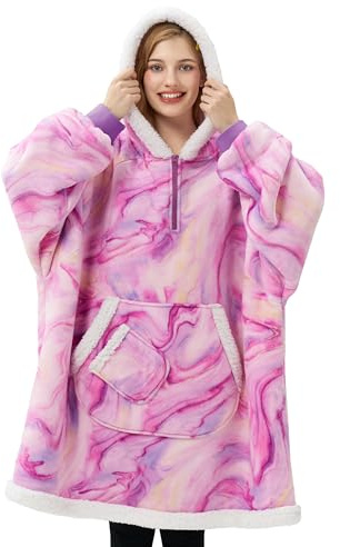 Giggling Getup Wearable Blanket Hoodie for Adults Gifts for Teen Girls Sister Women Sherpa Fleece Printed Hooded Blanket Sweatshirt Warm Cozy with Pocket & Sleeves Purple Texture Pattern