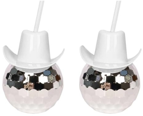 Uzztfa Disco Ball Cups with Cowboy Hat Lids and Straws, 2 Pcs Sparkly Disco Party Cups, Novelty Disco Cups for Hen Bachelorette Party, Bride Shower Decorations