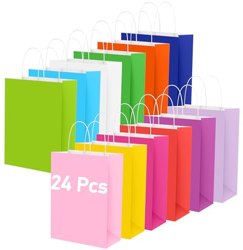 Hiziwimi 24 Stück Papiertüten mit Henkel, 16x8x22cm 12 Farben für Geschenke | Kraftpapier, bunt, kleine Geschenktüten, Papiertragetaschen für Partys, Weihnachten, Feiern, Hochzeiten, small party gift bag