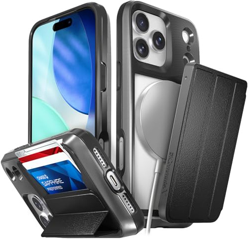 VENA vCommuteX for iPhone 17 Pro Max Wallet Case (MagSafe Compatible), [Military Grade Drop Protection] Detachable Leather Cover Slot Card Holder with Kickstand - Black