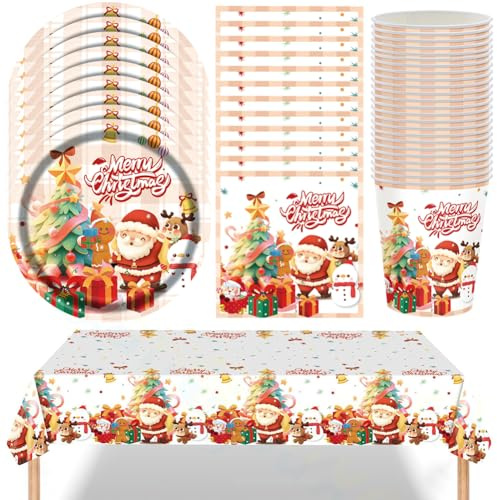 Christmas Party Tableware Set PyrrlicToy 73 Pcs Xmas Decoration Party Tableware Including Merry Christmas Tablecloth, Paper Plate, Paper Cup, Napkins, 24 Guests