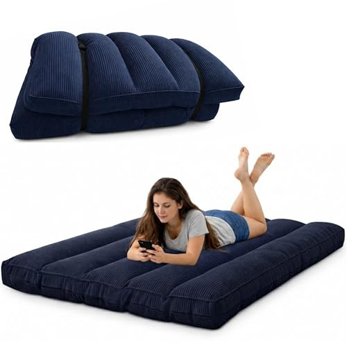 bananair - Futón Japonés Enrollable 2 Personas, Grueso y Cómodo, Fabricado en Francia, Funda Lavable, Cama Plegable de Suelo Práctica– Colchón Plegable, Correa de Incluida (140 × 190 cm, Azul Oscuro)