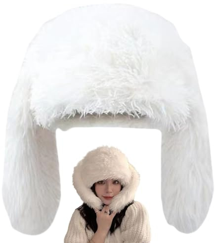 Obelunrp Hasenohren-Mütze für Frauen, Y2K Fuzzy Bunny Beanie mit Langen Ohren, warme Wintermütze für Mädchen (weiß)