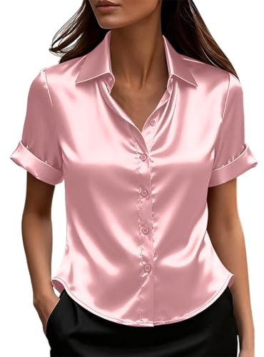 Chemisier Femme Satin Blouse Femme Chic Et Élégant Revers Boutonné Shirts Tops Manches Courtes Casual Chemise Soie Mode Décontracté Tee Shirt en Satin Couleur Unie Classique Ample