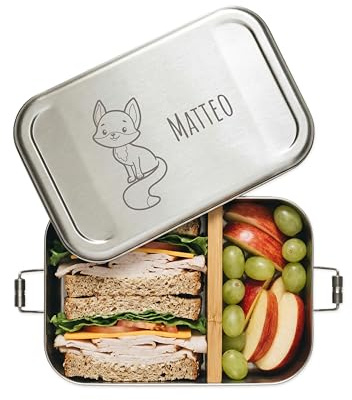 wunderwunsch Brotdose personalisiert mit Namen, Edelstahl Lunchbox | Kindergarten Brotzeitbox für Kinder mit Fächern, Metallbrotdose BPA frei, gravierte Kinder Holz Lunch-Box, Mädchen oder Junge