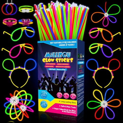 Millegu Pulseras Luminosas Fluorescentes, 230 Pack Fiesta, 100 Neon Palos Luminosos & 130 Conectores para Crear Pulseras Gafas Flores Collares, Cotillon Nochevieja Fiesta Decoracion Navidad