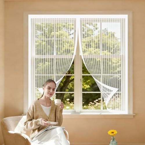 Moustiquaire Magnétique 111 x 127 cm Anti Mouche Maille Ultra Fine, Protection Contre Les Moustiques Rideau de Porte Anti-Moustique pour Porte Fenêtre, Balcon, Blanc