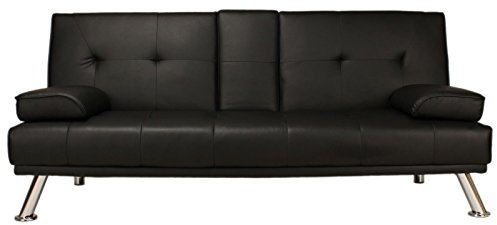 Sofa Bed Black Faux Leather Click Clack Double Settee 2 to 3 Seater Modern Couch with Cup Holder Table Two Pillows and Chrome Feet Living Room Gues Room Furniture Cheap