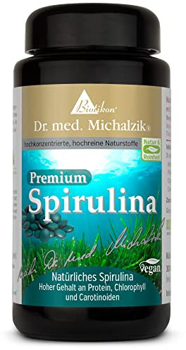 PREMIUM Vegane Spirulina Presslinge aus naturbelassenen blaugrün Algen + Dr. med. Michalzik Spirulina platensis-Naturpulver 2400mg + Chlorophyll 28,8mg + Carotinoide 9,8mg von BIOTIKON®