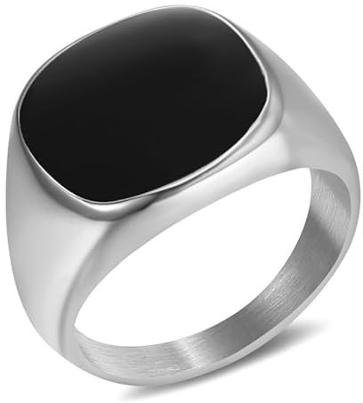 BOBIJOO JEWELRY - Bague Chevalière Cabochon Homme Femme Acier Inoxydable 316L Argenté Noir Email - 17,8 (7 US)