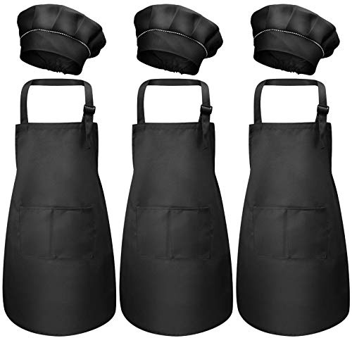 3 Set Tablier Enfant et Chapeau de Chef, Ajustable Bambin Tabliers de Cuisine avec Poches pour Filles Garçons, Tablier de Chef Jardin pour Cuisson Peinture L'artisanat (M pour 3-6 Ans)