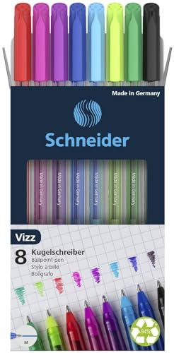 Schneider Vizz 102298 Lot de 8 stylos à bille (pour une écriture facile et rapide, tige de couleur d'écriture, largeur de trait M)
