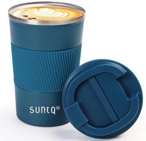 SUNTQ Kaffeebecher to go Thermo aus Edelstahl - Thermobecher mit Gummierte Manschette Doppelwand Isoliert - Kaffeetasse mit Auslaufsicherem Deckel Wiederverwendbar 380ml Blau