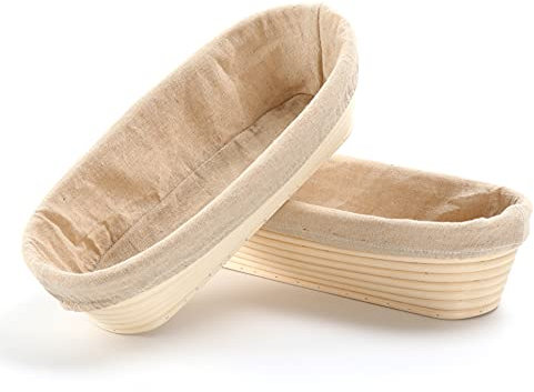 Juego de 2 cestas de levadura, ratán natural, ovalado banneton, para masa de pan, pizza y pastelería, 29,5 cm