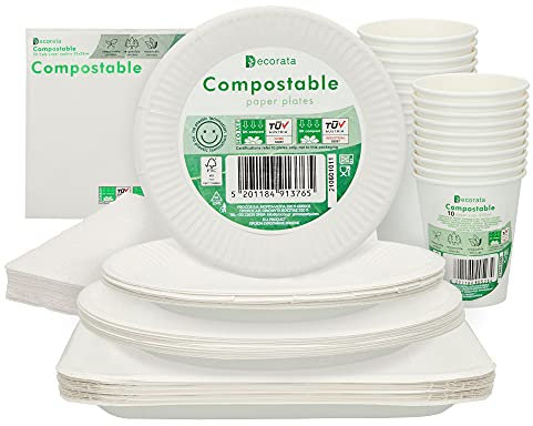 Aktive 71346 - Procos Vajilla desechable ecológica y biodegradable 100% Papel, 20 platos desechables grandes + 20 platos pequeños + 20 platos cuadrados + 20 vasos desechables + 40 servilletas