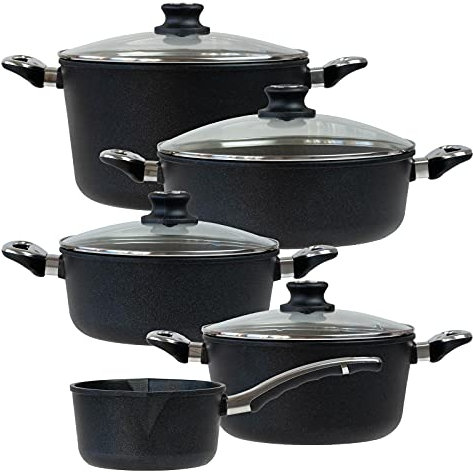 BAF beschichtetes Aluguss Topfset Induktion 9-teilig Bratentopf 24 cm + 28 cm, Kochtopf 24 cm, Gemüsetopf 28 cm & Stieltopf 18 cm