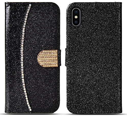 ProGadgetsLtd Case For iPhone XS Max Case Sparkle Shiny Bling Glitter Diamond Leather Flip With Card Holder Wallet Phone Cover For Women Girls (Black)