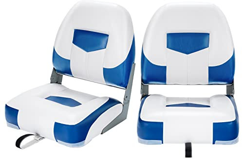 COSTWAY Set of 2 Foldable Boat Chairs, UV Weather Resistant Fishing Seat with Long Fixation Strap, Ergonomic Backrest and Thicken Foam, 50x43x52cm (Blue+White)
