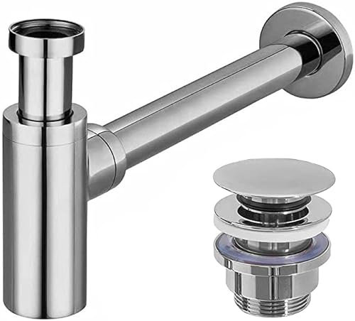 VBChome Waschtisch-Siphon + Click Clack Chrom Universell Modern Elegantes Design Hochwertiger Flaschensiphon Einfache und Schnelle Montage Top Qualität