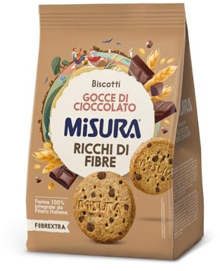 Misura Fibrextra Biscotti Integrali Gocce di Cioccolato, Ricchi di Fibre | Frollini con Farina Integrale da Filiera Italiana, Sacchetto da 290 g
