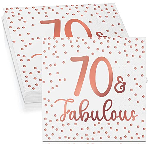 Tenare 40 Servietten zum 50. 60. 70. 80. 90. Geburtstag Glitzer Cocktailservietten Fabulous Papierservietten Einweg Party Servietten Set für Geburtstagsdeko Tischdeko, 3 Lagig (Weiß und Rosegold, 70)