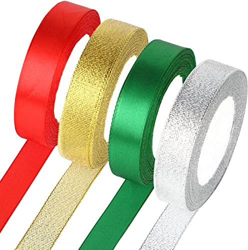 Schleifenband Weihnachten, 4 Rollen 88 Meters Rot/Grün/Gold/Silber Geschenkband zum Basteln Geschenk Verpackung, Weihnachtsbänder Satinband für Weihnachten Dekoration