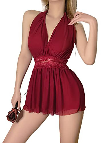 Temptshow Sexy Damen-Dessous, japanisches Babydoll-Perspektive, Cheongsam-Pyjama, Nachthemd, Kastanienbraun, Einheitsgröße