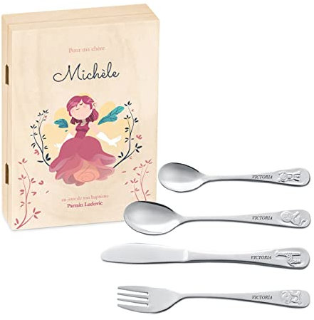 Maverton Set de couverts de table personnalisé dans boîte en bois imprimée - couvert bebe - Thème Animal - Cadeau bapteme fille - Pour filles - Cadeau bébé - Coutellerie gravée - princesse
