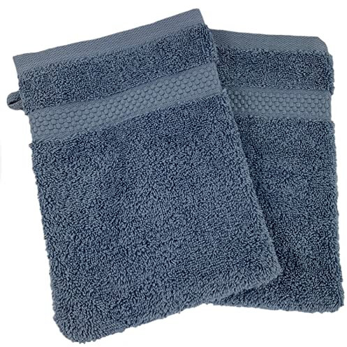 Sue Rossi Face Cloth Wash Mitt Set, 100% Organic Turkish Combed Cotton, 600GSM Thick With Hanging Loop, Size 16cm x 21cm, Flannel Glove Pack Soft & Absorbent (Pacific Blue, 2)