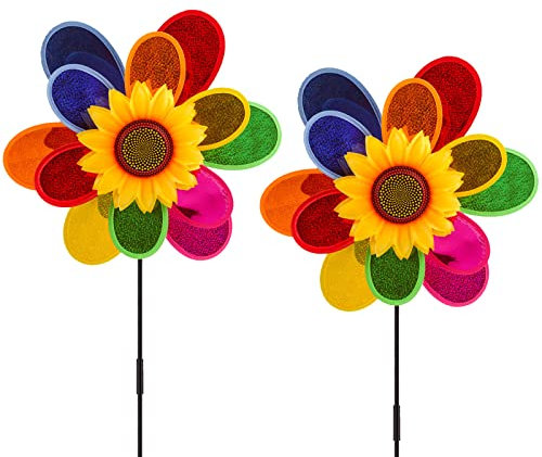 Lot de 2 moulins à vent pour jardin, grands tournesols multicolores à double couche, décoration de jardin, moulin à vent pour pelouse, fête, balcon, terrasse, cour, décoration de pelouse extérieure