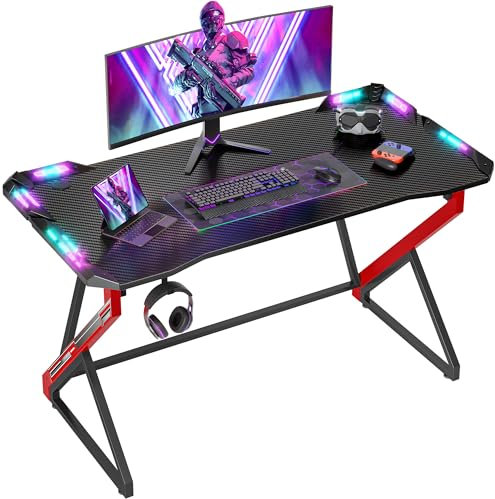 BEXEVUE Scrivania Gaming con LED - 100x60cm Tavolo Gamer Computer Ergonomica, Telaio Z Fibra di Carbonio Stabile Facile da Montare, Grande Postazione Desktop, Gancio Cuffie