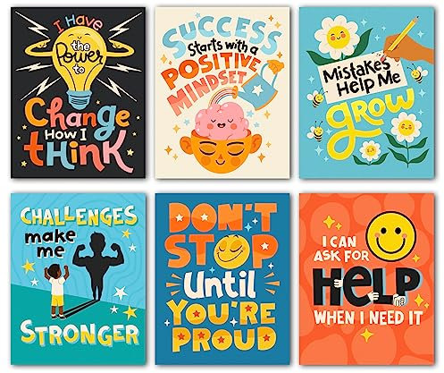 HoneyKICK Growth Mindset Poster für Grund-, Mittel-, Oberschul-Klassenzimmer-Dekor, 6-teiliges Set, inspirierende und motivierende Klassenzimmer-Poster, 28,9 x 35,6 cm
